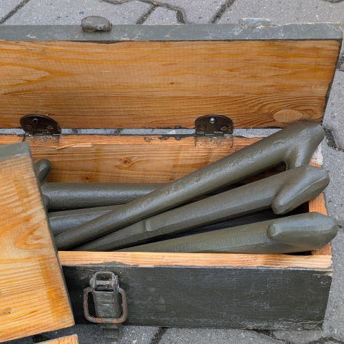 Czechoslovakian Army Steel Tent Peg in Wooden Box - used